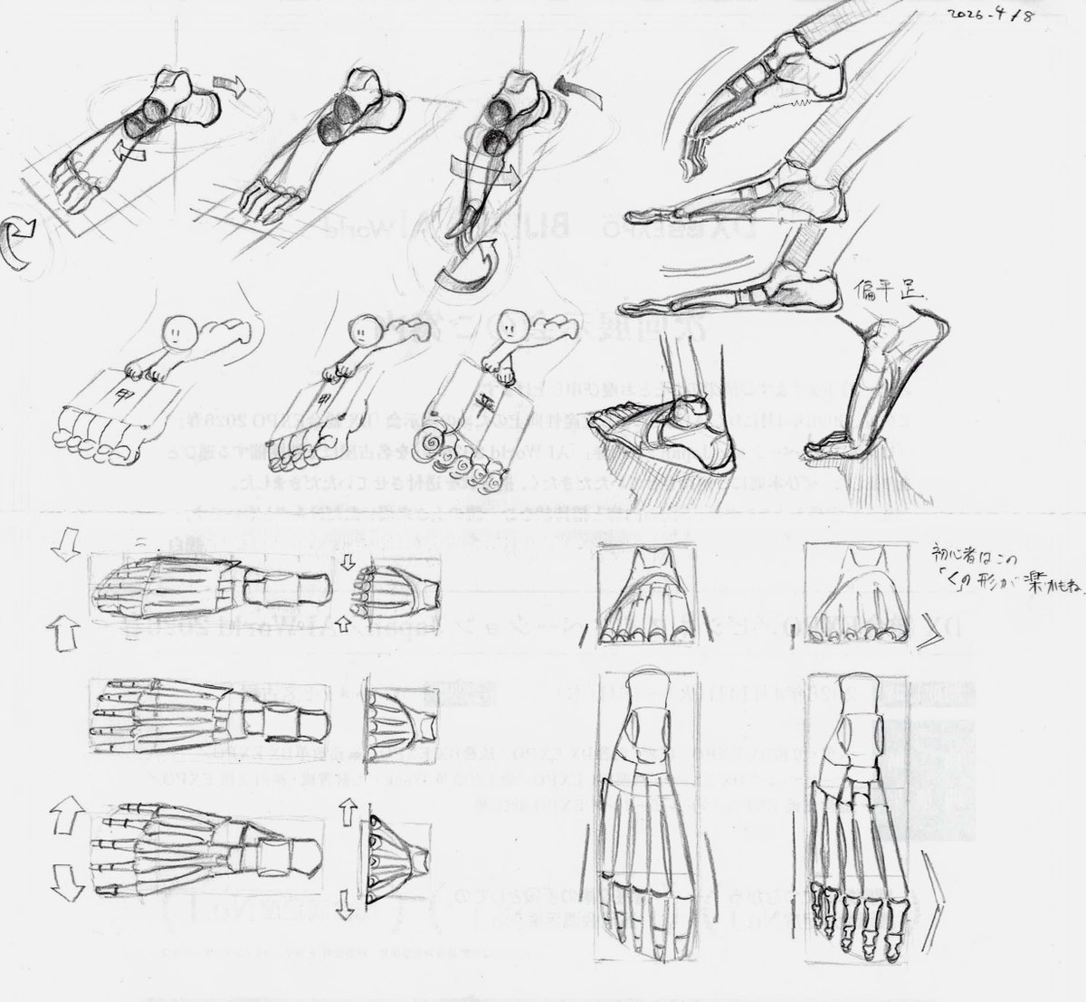 足の骨の
内反・外反(左上)、
開閉(右上、左下)、
それっぽい描き方(右下)
についてあれこれ考察 