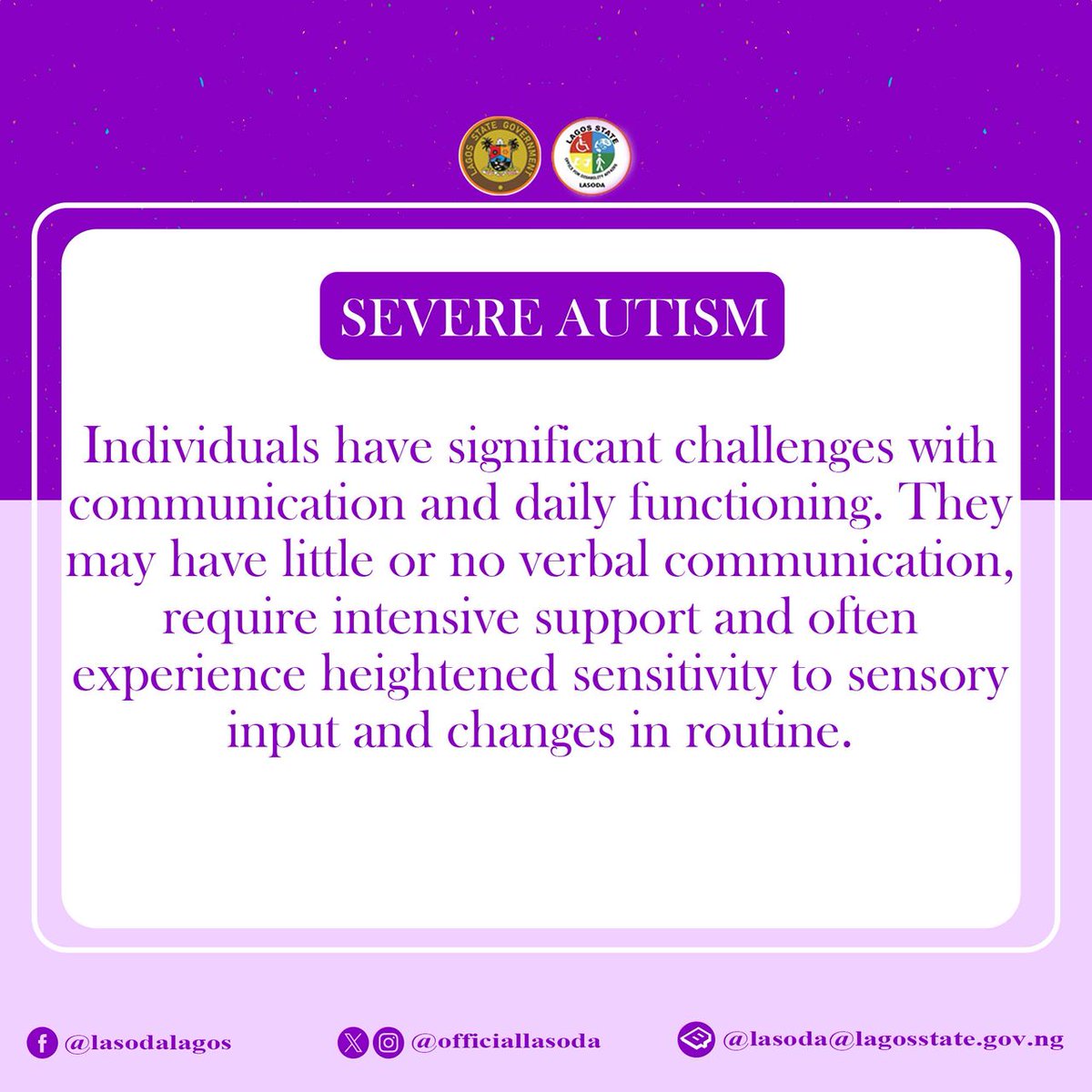 officiallasoda's tweet photo. Autism exists on a spectrum and each level reflects different support needs, not limitations.
Every individual’s journey is unique and every one deserves understanding, inclusion and support.
#AutismAwareness
#DisabilityAffairs
#LASODA
#DisabilityAwareness
@denikeoyetunde https://t.co/bISiiLajDG