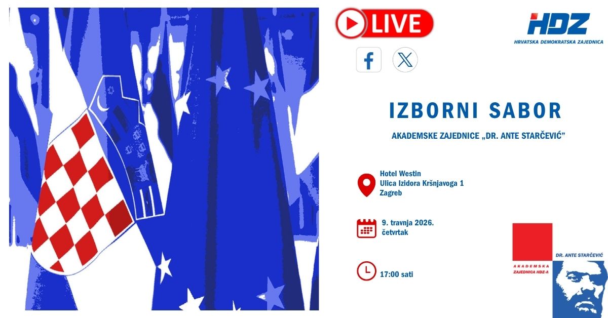 HDZ_HR's tweet image. LIVE STREAM. Izborni sabor Akademske zajednice HDZ-a „Dr. Ante Starčević“. Zagreb. Govornici: PHDZ/PVRH @AndrejPlenkovic, PHS Gordan Jandroković &amp;amp; ravnatelj Hrvatskog državnog arhiva dr.sc. Dinko Čutura. Danas od 17:00 🎥 uživo na našem #Facebook i #X.