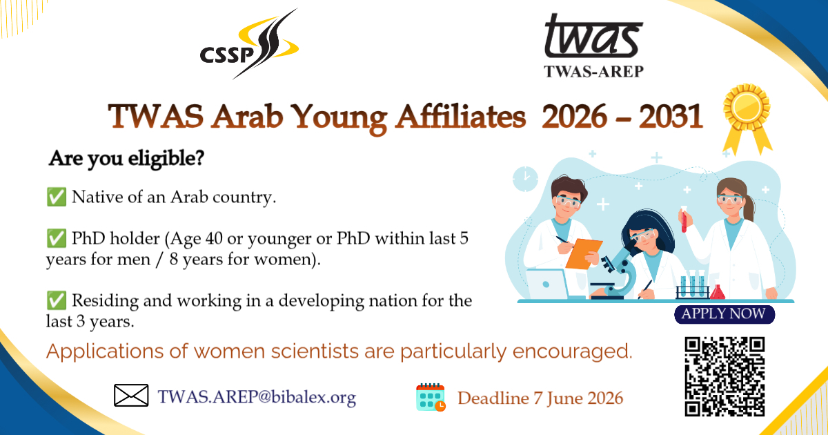 TWASAREP's tweet photo. فتح باب التقديم لبرنامج "شباب الباحثين العرب المنتسبين" للفترة من 2026 إلى 2031.للتقديم  https://t.co/AtrgdDYDJP
📷نشجع بشكل خاص العالمات، والعلماء النازحين أو اللاجئين علي التقديم https://t.co/UdemLzBqUx