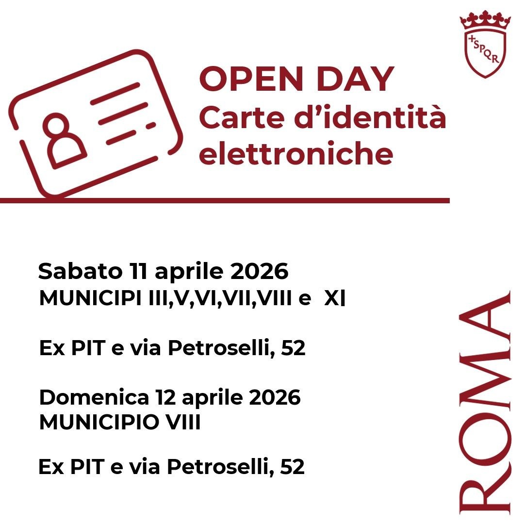 Roma's tweet image. ✅#OpenDay Carta d'identità Elettronica

📌11/04, Mun. III, V, VI, VII, VIII e XI, ex PIT, via Petroselli 52.
📌12/04 Mun VIII ex PIT e via Petroselli,52.
 🖥️Prenotazioni da 10/04 ore 9 
⚠️Priorità per chi è in possesso della carta d'identità cartacea.

➡️tinyurl.com/4sh6ppm2