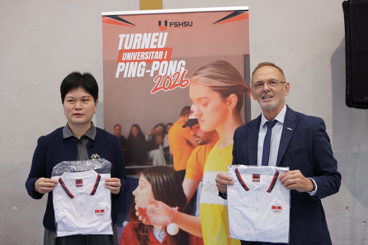 ChinaembassyT's tweet photo. On April 8, H.E. Ms. PANG Chunxue, Chinese Ambassador to Albania attended the opening ceremony of the third “China-Albania Friendship”University Ping-Pong Tournament and delivered a speech. https://t.co/zwbq2jPBAu