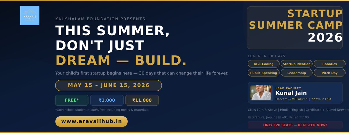 SONOFINDIA's tweet image. सच्चाई कड़वी है—
India में ज़्यादातर students job के लिए तैयार होते हैं,
ज़िंदगी के लिए नहीं।
हम mindset बदल रहे हैं।
Jaipur में summer camp
Build. Don’t just study. #StartupGrowth #startupindia #summercamp

👉 aravalihub.in