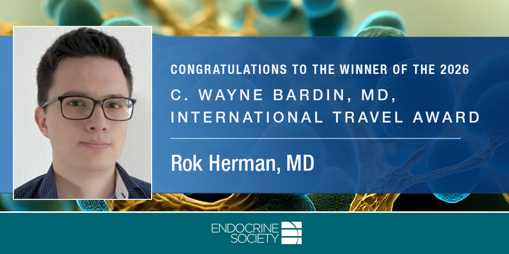 TheEndoSociety's tweet photo. Rok Herman, MD, has been selected to receive our 2026 C. Wayne Bardin, MD, International Travel Award. This prize honors an outstanding ENDO abstract submitted by an international endocrine fellow or junior faculty member. Learn more: https://t.co/XfS9BOFyfY https://t.co/Y7gXq3kKXB