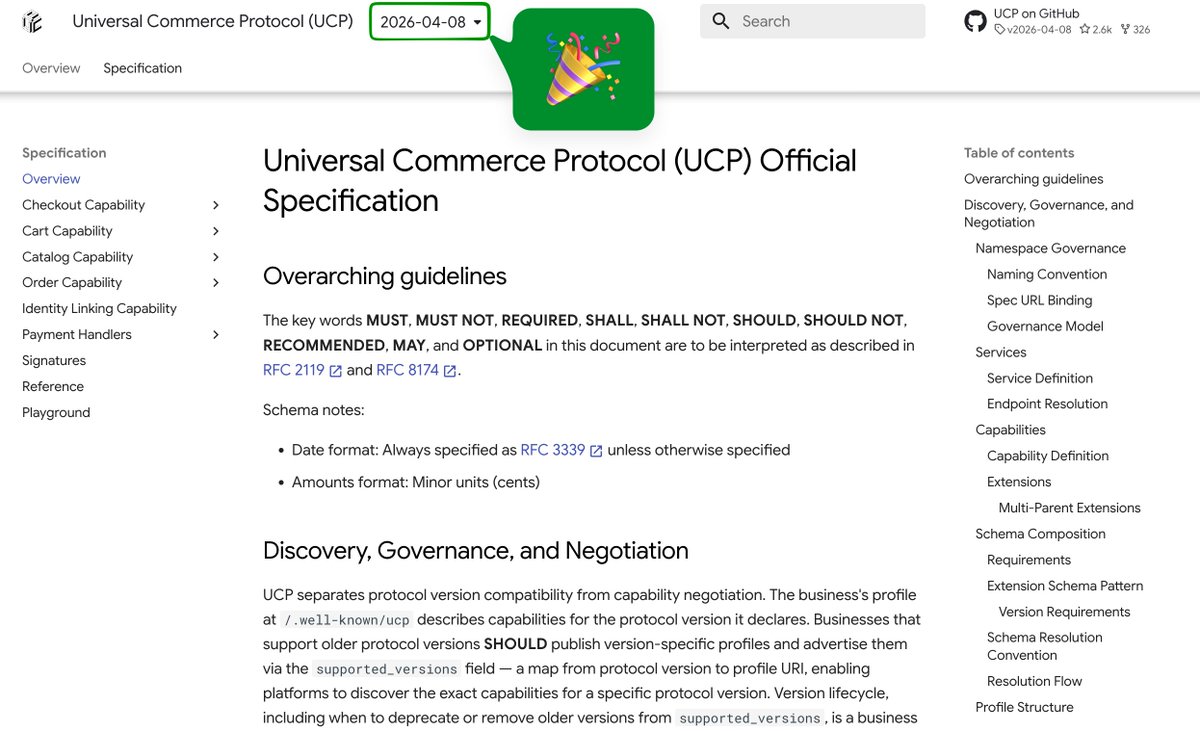 igrigorik's tweet image. UCP 2026-04-08 is out 🎉 and it's a step function upgrade for agentic commerce 🦾

TL;DR: we've landed support for product discovery, cart building, personalization and eligibility claims across the full discovery→ cart→checkout journey, plus order tracking. UCP now covers the