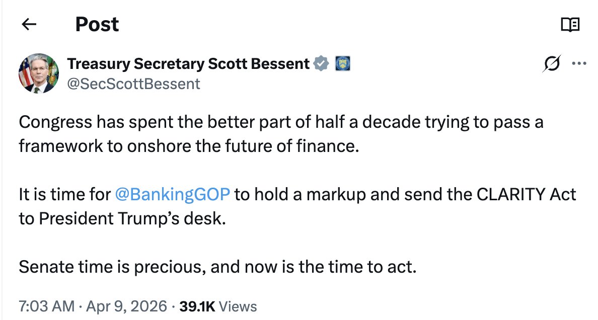 CryptoNewsHntrs's tweet photo. ๐จ JUST IN
๐บ๐ธ Treasury Secretary Scott Bessent DEMANDS lawmakers to send the Bitcoin & crypto market structure legislation to President Trump to sign into law!
โณ "Senate time is PRECIOUS, and NOW is the time to act."
#Bitcoin #CryptoLegislation #Trump https://t.co/tENIAsFPBP