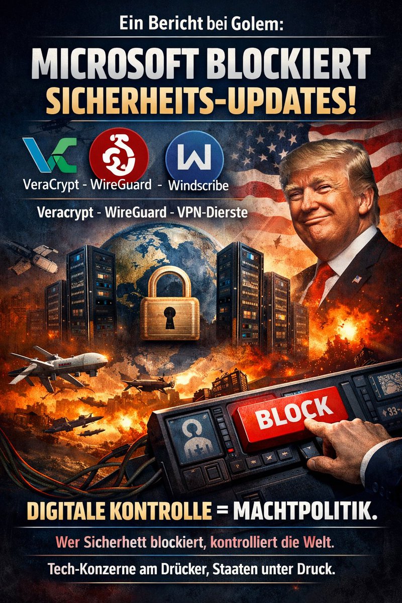 Ein Bericht bei Golem zeigt: Microsoft sperrt Entwickler von "VeraCrypt", "WireGuard" und VPN-Diensten aus. Ergebnis: Keine Sicherheitsupdates weltweit. Aber klar, alles nur ein "Verifizierungsproblem".
In einer Welt, in der Angriffskriege Realität sind, ist das kein Zufall. Wer