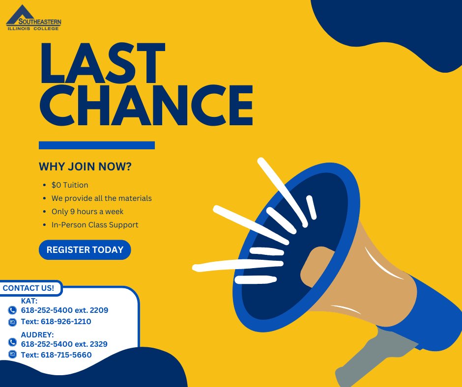 SIC_EDU's tweet image. 🚨 LAST CHANCE THIS SEMESTER 🚨

Ready to earn your GED? SIC Adult Education makes it doable:
✔️ $0 tuition
✔️ Materials included
✔️ Just 9 hours/week
✔️ In-person support

Don’t wait—get started today!

#SoutheasternIllinoisCollege #GED #AdultEducation #EnrollNow