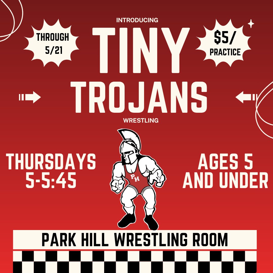 ParkHillWrestle's tweet photo. Reminder that Tiny Trojans starts tonight! Shorts and t-shirt is suggested attire. Door 3 in the northwest corner of Park Hill HS is the easiest entrance. https://t.co/DBD4mbEADl
