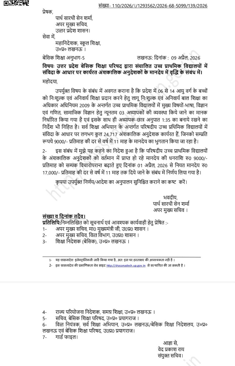 अनुदेशकों के मानदेय वृद्धि का ऑर्डर हुआ जारी