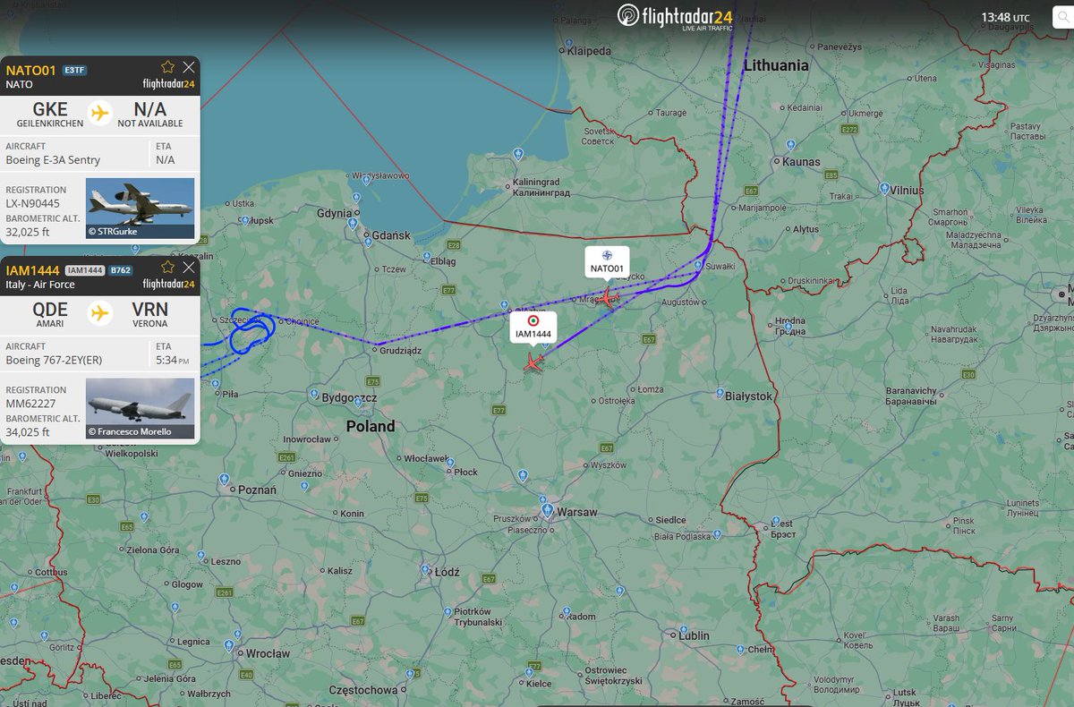 PolishMilRadar's tweet photo. 📅 09.04 🕘 15:48LT - ✈️ KC-767A & E-3A tranzytem

Od północnego wschodu (znad terytorium Litwy 🇱🇹) w polską przestrzeń powietrzną wleciały:

✈️ #IAM1444 Boeing KC-767A "MM62227" Włoskich Sił Powietrznych 🇮🇹, który wykonuje lot z Bazy Lotniczej Ämari #EEEI w Estonii 🇪🇪 do Bazy Lotniczej Werona #LIPX we Włoszech 🇮🇹
🔗 https://t.co/PI2vphFNkN

✈️ #NATO01 Boeing E-3A Sentry "LX-N90445" NATO Airborne Early Warning & Control Force, który po zakończonym operowaniu nad terytorium Łotwy 🇱🇻 i Estonii 🇪🇪, najprawdopodobniej wraca do bazy w Geilenkirchen #ETNG w Niemczech 🇩🇪
🔗 https://t.co/SkoJm2rtrM

#POLMILRADAR