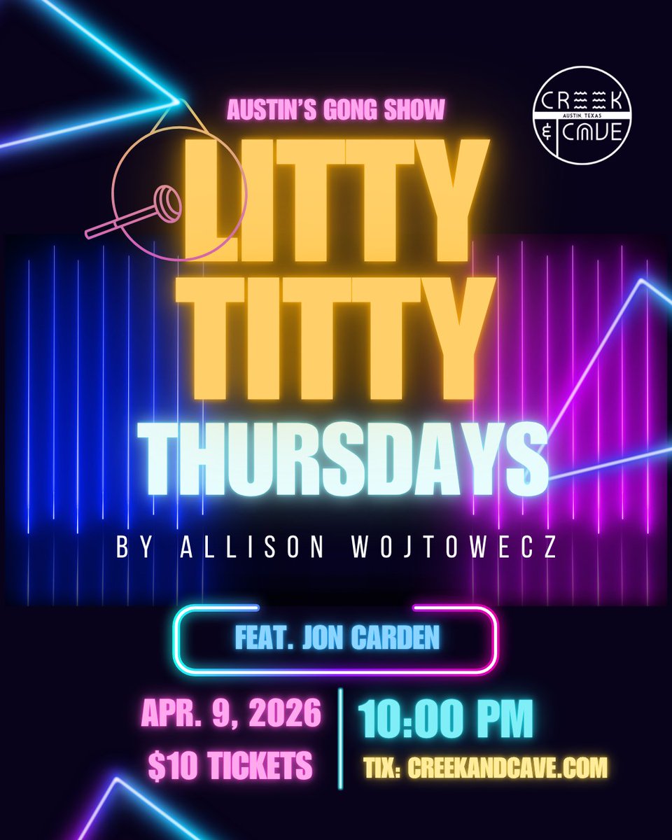 Tonight in Austin Texas at The Creek and The Cave! 🤠 We've got CREEK CAVE LIVE at 8pm, Litty Titty Thursday with .@thealliwo and <a href="/goingtothejon/">Jon Carden</a> at 10pm, and open mics at 6pm + midnight! Get your tickets: creekandcave.com/#shows