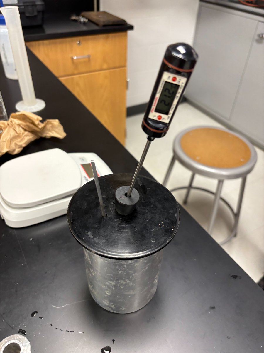 TrojansScience's tweet photo. Substances have aspecific heat capacity, C. Heat in calories or Joules is denoted as Q. Heat aborbed by water, known C=1.0cal/(g*F), is the same as heat removed from a hot sample of metal. Qwater=Qmetal, we can idenfity the unknown metal by using the equation Q=m*C*deltaT. https://t.co/TsJzb821l3