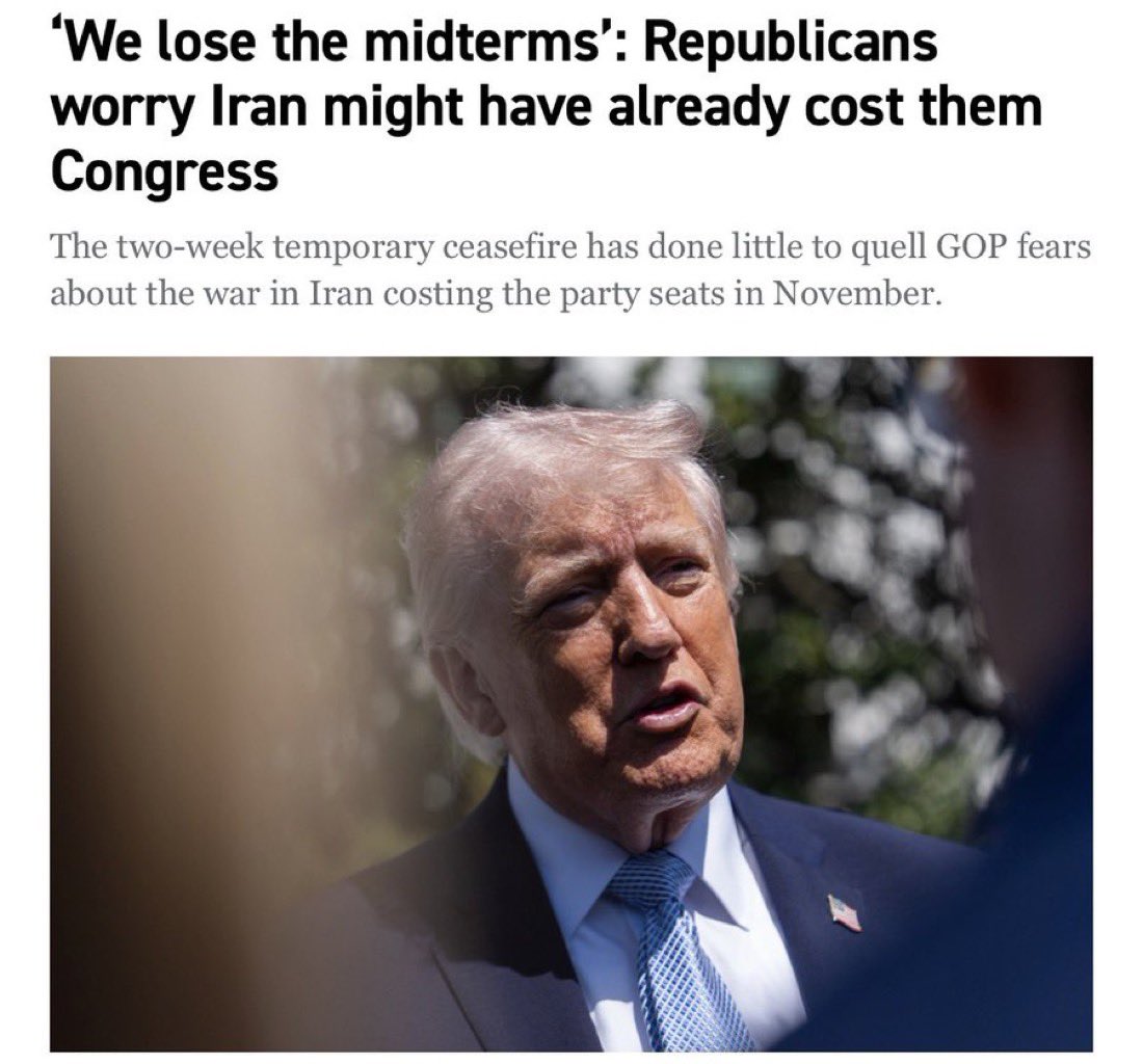 🚨 NEW GOP IN TOTAL PANIC MODE OVER IRAN WAR EFFECT ON MIDTERMS  -<a href="/politico/">POLITICO</a> 

Republicans are privately admitting Trump’s war has already doomed their chances in November — with spiking gas prices, crushed “America First” turnout, and voters demanding change.

Thread of their own