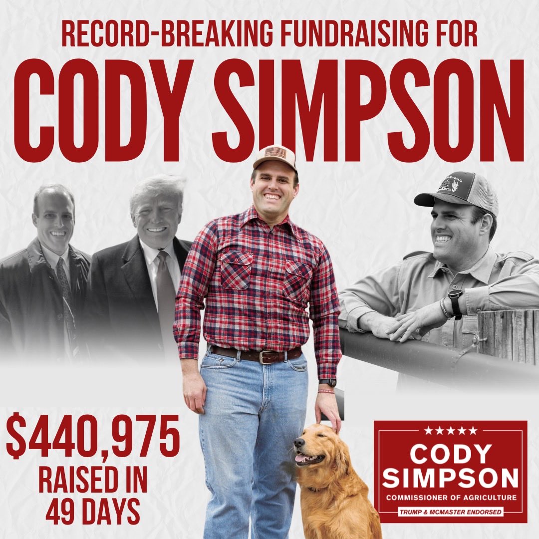 CodyForSC's tweet photo. HISTORY MADE! In just 49 days we SHATTERED records for Ag Comm. by raising $440,975. This exceeds not only quarterly, but also the election cycle record!

Thank you for your belief in me, President @realDonaldTrump and Gov. @henrymcmaster! 🇺🇸 #FarmersFirst https://t.co/iZdYN6EWZq