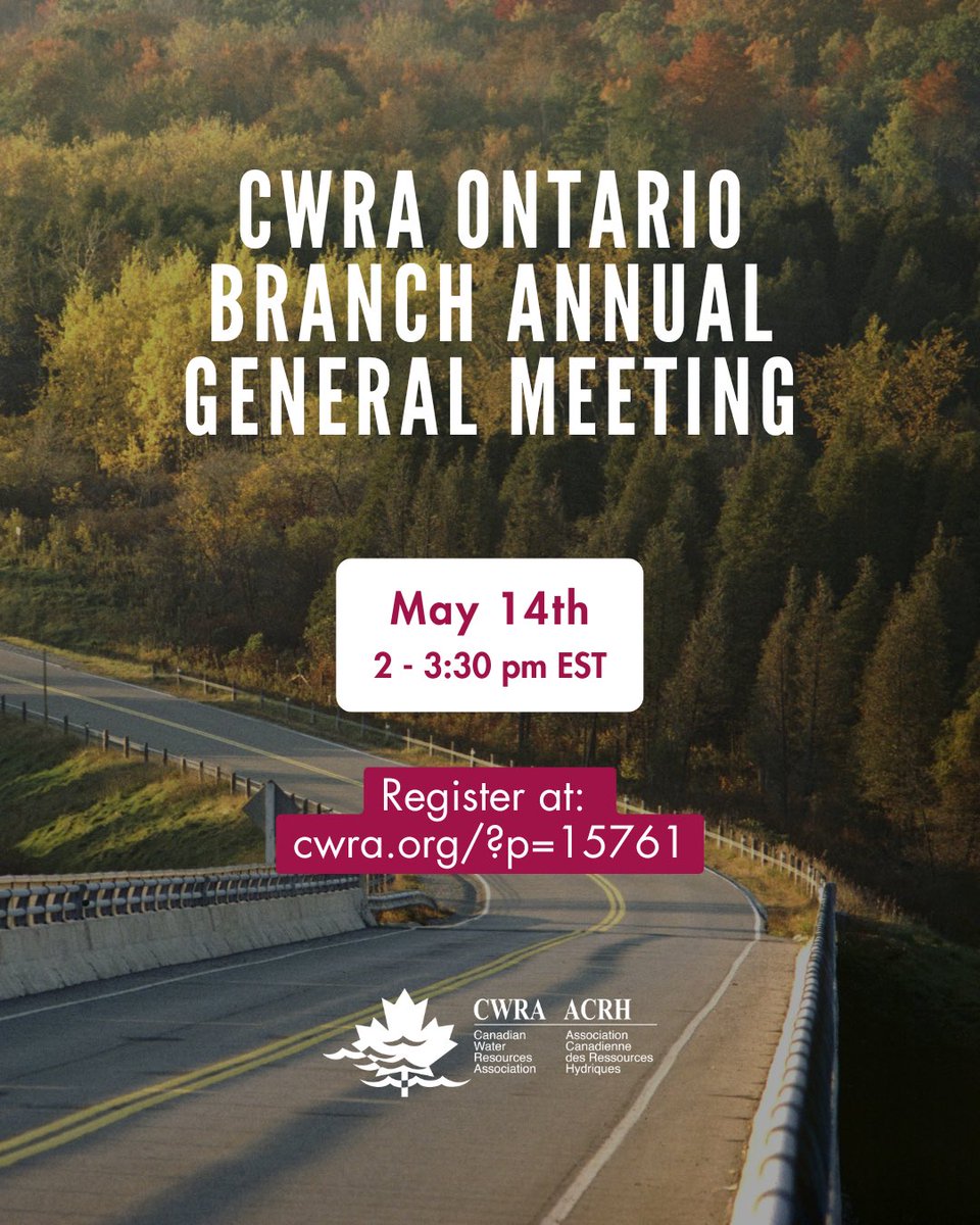 CWRA_Flows's tweet photo. Please join the #OntarioBranch for their 2026 AGM on May 14 from 2–3:30 pm!

Register at https://t.co/5o7PHezcHI. This technical presentation is open to CWRA ON members only. Contact on@cwra.org to learn more.

#CWRA #WaterChallenges #Ontario #WaterManagement #WaterResources https://t.co/wCpEtpTPVj