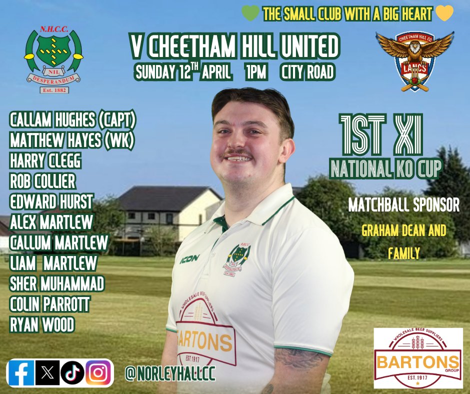 Here is our first team announcement of the season.

Our first team make their first appearance in the National Knockout Competition this Sunday as we welcome GMCL side Cheetham Hill United to the City Road Oval.

1pm start.

A big thank you to club legend Graham Dean and his