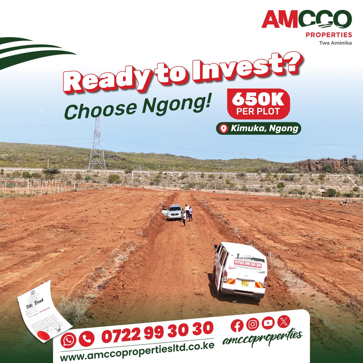 AmccoProperties's tweet image. Redhill Estate Phase 2| 50×100 plots in Ngong at Ksh 650K
 ✔300m from Ngong-Suswa tarmac 
 ✔ Freehold title deeds ready 
 ✔ Red soil ideal for building or farming 
 ✔ Electricity &amp;amp; water on site

Call: 0722 99 30 30| Visit amccopropertiesltd.co.ke
 
#realestatekenya