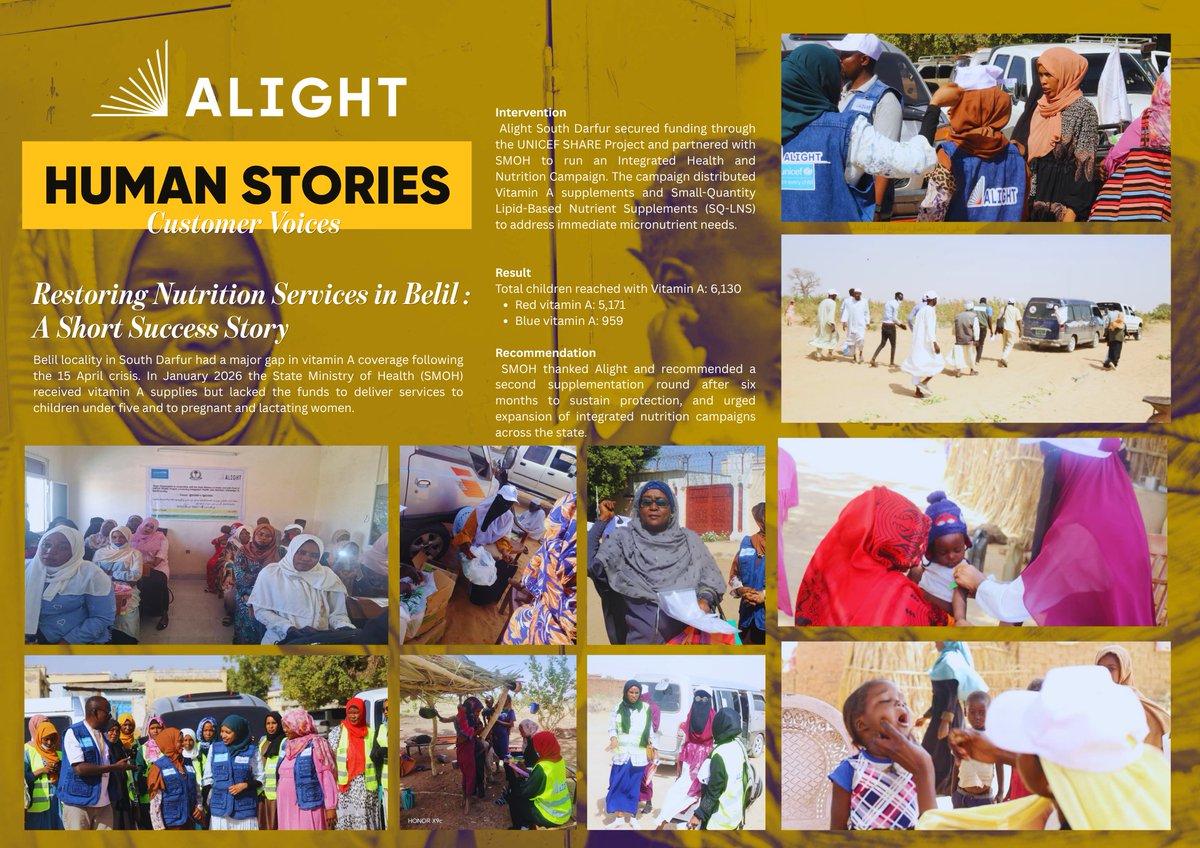AlightSudan's tweet photo. In South Darfur, Alight’s work under the @UNICEFSudan-supported SHARE Project focused on rebuilding trust in local health services by ensuring consistent, life‑saving care at the community level. https://t.co/nKDpM12RQK