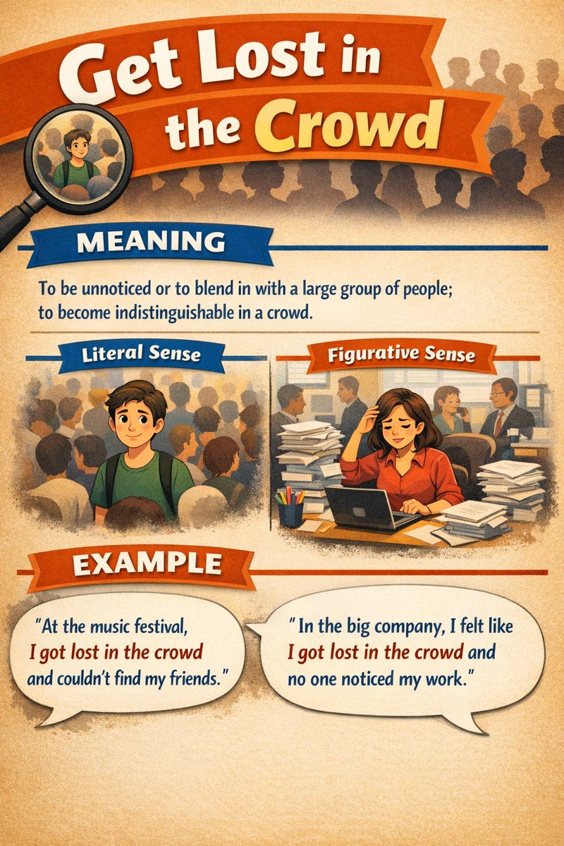 Herminio_EOI's tweet image. ✔️Get lost in the crowd

》To become unnoticed or anonymous because you do not stand out.

▪︎ In big cities it’s easy to get lost in the crowd.
▪︎ Small local shops often get lost in the crowd among large international brands.

#TEFL #Learning #English #idioms #vocabulary