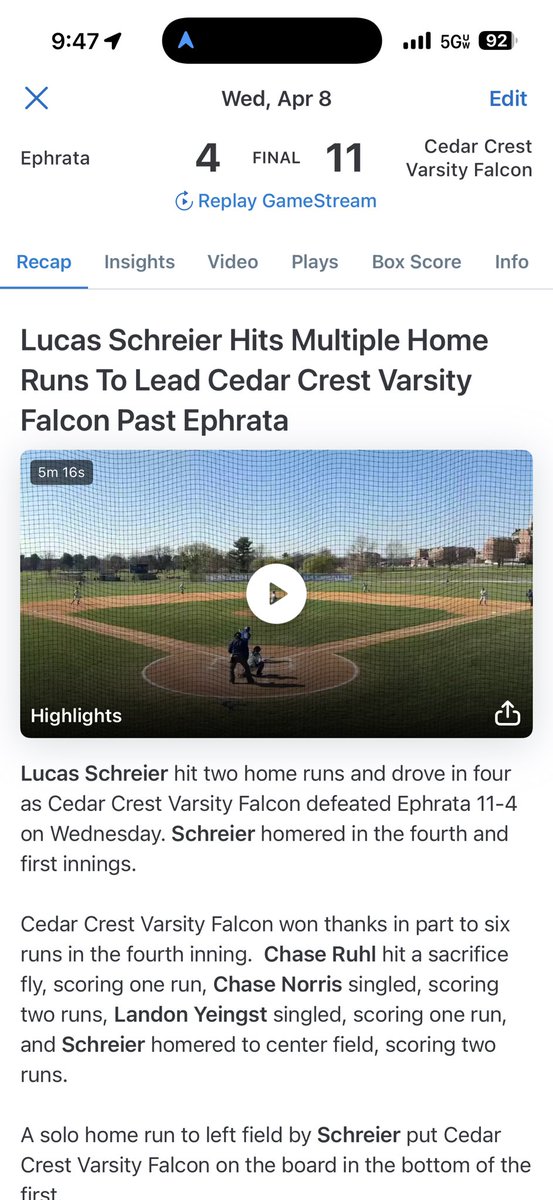 crestbaseball's tweet photo. Back to back big wins for the falcons! Schreier with a huge 2 homerun game. Offensive output has increased, pitching was good again! Big week next week! https://t.co/qtypD2FxUO