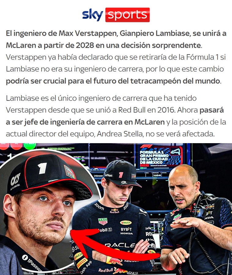 porquetendencia's tweet image. "Gianpiero Lambiase":
Porque informan que el ingeniero de carrera de Max Verstappen dejará Red Bull para unirse a McLaren en la temporada 2028 de la #Formula1