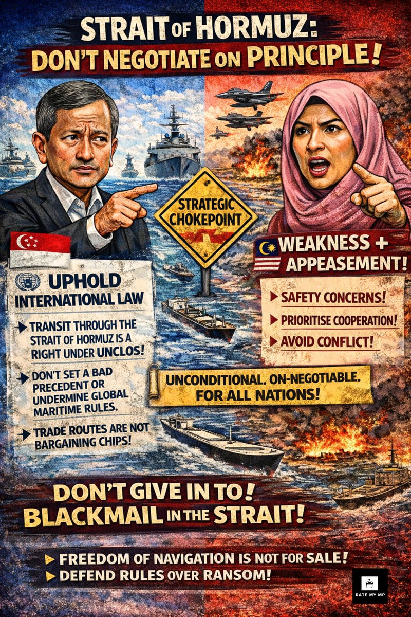 RateMyMP178340's tweet photo. Freedom of navigation is a RIGHT - not a negotiation.

If Strait of Hormuz becomes negotiable, every strait becomes a toll gate

#straitofhormuz #singapore #malaysia #nurulizzahanwar #vivianbalakrishnan https://t.co/hMT30F4H6D