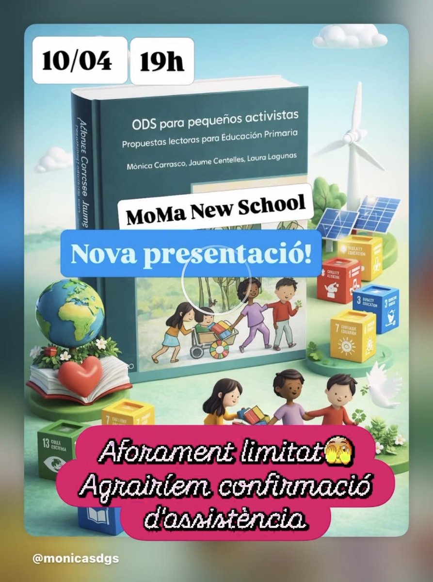 MonicaSDGs's tweet photo. Hola mon educatiu! 
M'agradaria molt compartir la presentació del llibre amb vosaltres. Serà demà divendres 10 a l'Espai Cultural del MoMa a Manresa. 
En Jaume Centelles, la Laura Lagunes i una servidora explicarem com funciona aquesta eina que us pot anar molt bé per l'escola. https://t.co/W60Fubx9N3