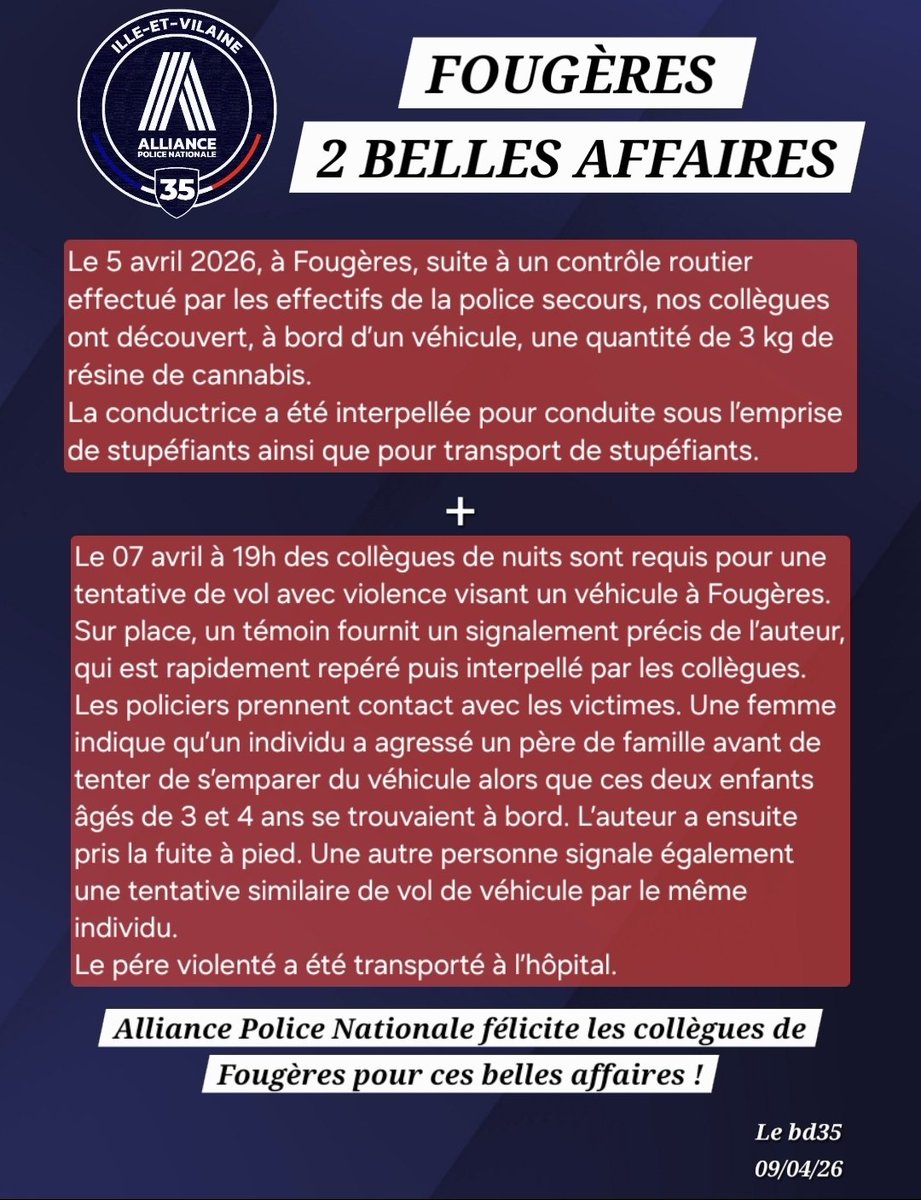AlliancePN35's tweet photo. 🚨BELLE AFFAIRE🚨
CPN Fougères : deux belles affaires qui illustrent une nouvelle fois la vigilance et le professionnalisme de nos collègues au quotidien. 👮‍♂️👏 https://t.co/xpphOQcepE