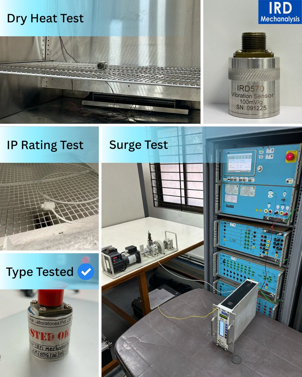 IRDMechanalysis's tweet photo. Measure with Confidence! Our Vibration Sensor lineup is thoroughly Type Tested - Dry Heat, Damp Heat, Ingress, Shock, Surge - you name it and it has went through it all. All Type Tests done to the applicable IEC Standards. #vibrationmonitoring #IRD570 #typetest #vibrationsensor https://t.co/B9jzPkKEHW