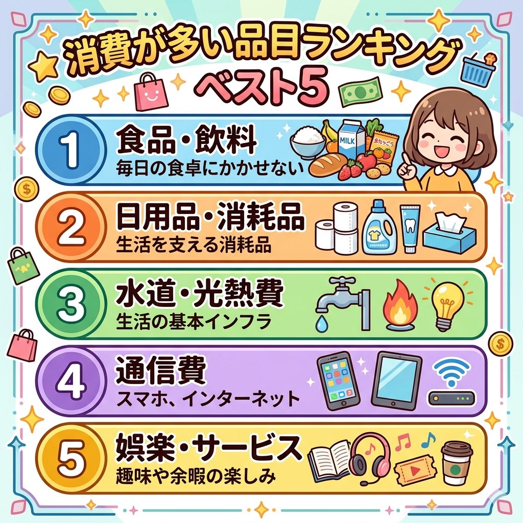 YAMASANV5's tweet photo. 【最新データで見る】家計の消費支出ランキングTOP5 💡
統計から見る、一般的な家庭で消費が多い品目はこちら。
1位：食料・飲料
2位：日用品
3位：水道光熱費
4位：通信費
5位：娯楽・サービス
固定費（光熱費・通信費）を最適化するだけで、年間では大きな差になります。
まずは現状把握から始めてみましょう！
#マネーリテラシー #家計簿 #資産運用 #ビジネス