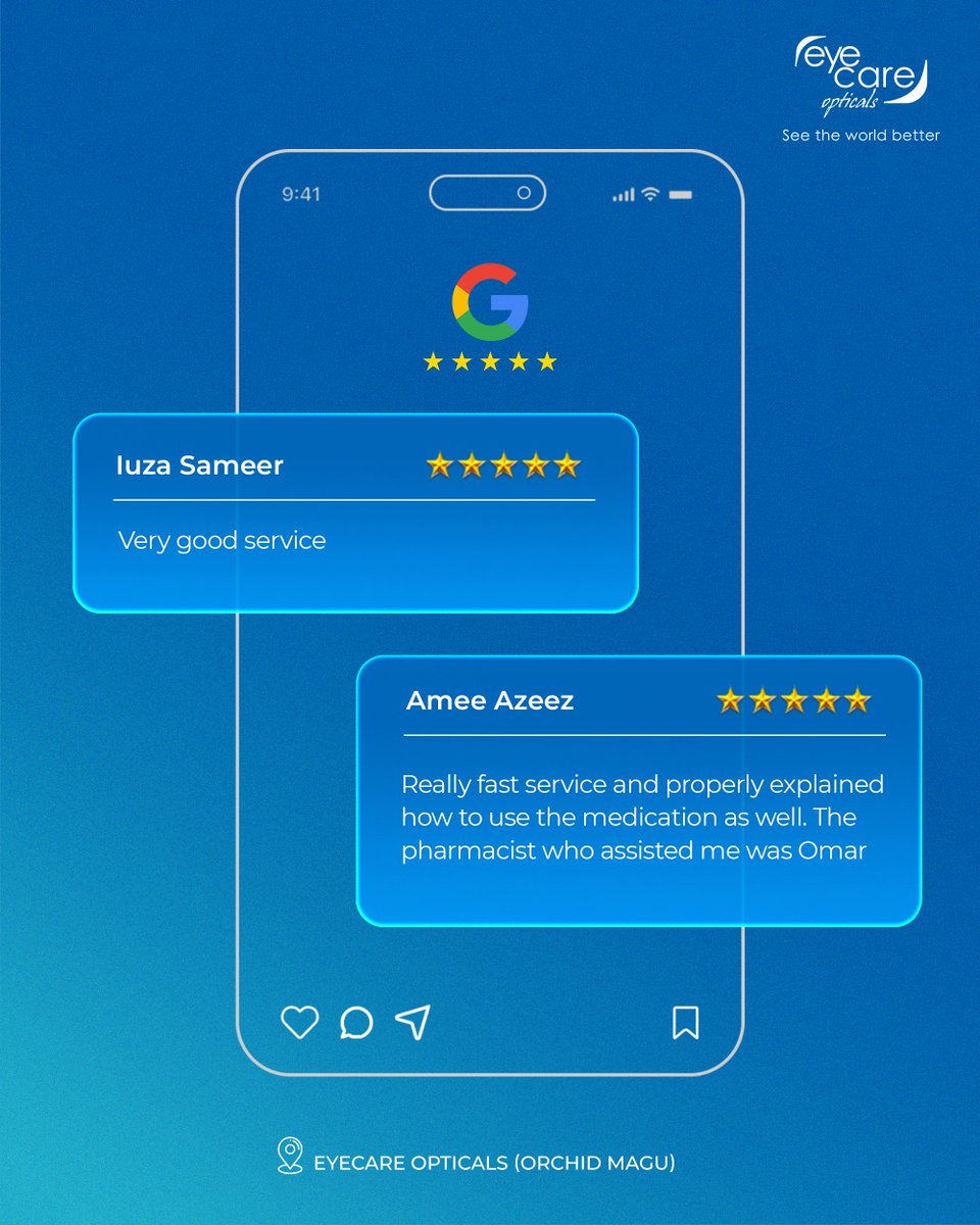 EyecareMaldives's tweet image. Every review helps us sharpen our focus on providing you with the best care possible. Thank you for being a part of our journey! 💙

#EyeCareOpticals #CustomerVoice #QualityCare #ThankYou