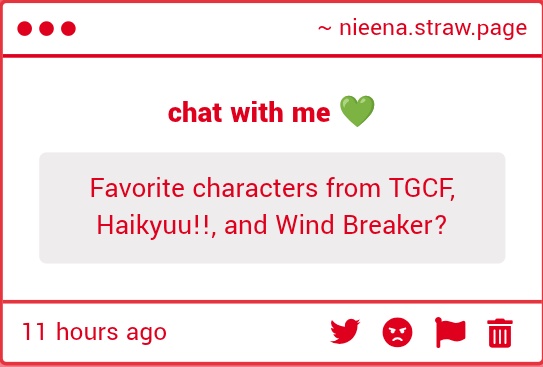 i think i've answered this before 🤭 of course, it's xie lian, yamaguchi and my beloved sakura 🙂‍↕️
nieena.straw.page