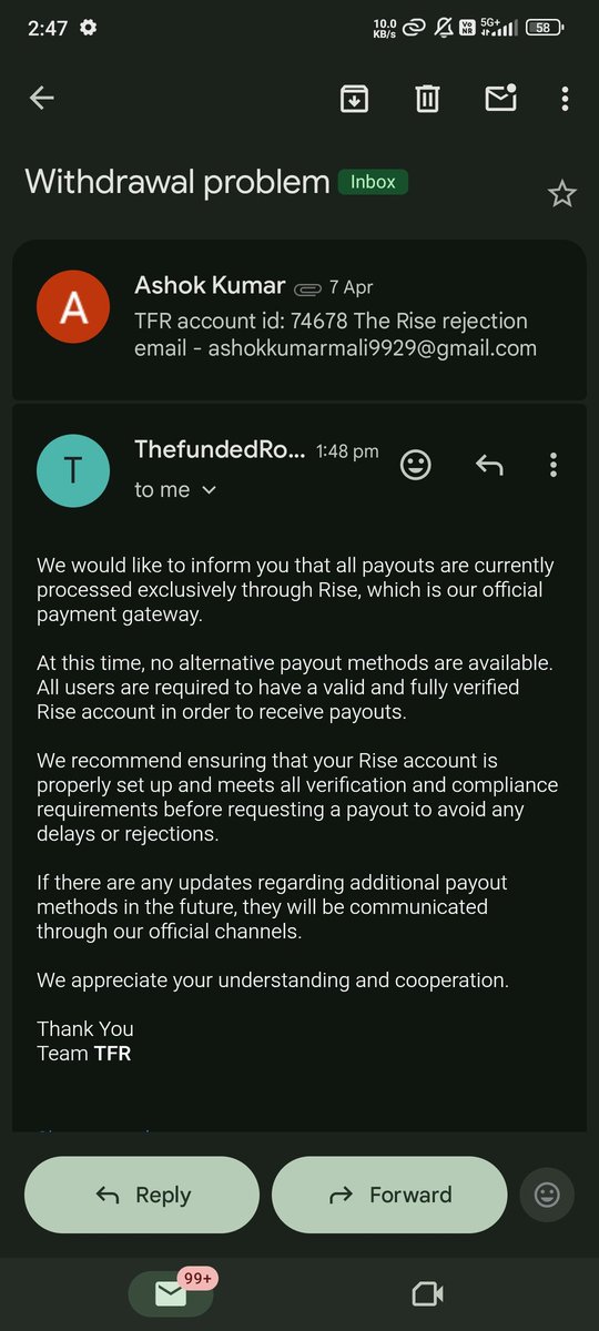 If this was the case, you <a href="/thefundedroom/">The Funded Room</a> should have informed me beforehand that payouts are only available through <a href="/rise_pay/">Rise</a> and that the crypto option would be removed. Had I known this, I wouldn't have invested in your firm in the first place. This feels like a betrayal to me