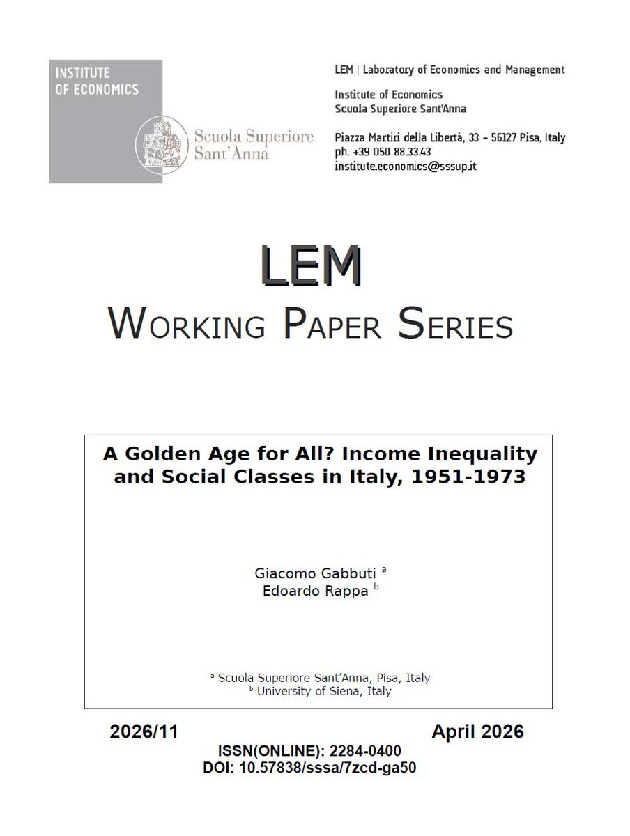 GGabbuti's tweet photo. New working paper out in the @SantAnnaPisa LEM series! Together with @EdoardoRappa, we apply the Dynamic Social Table methodology to estimate for the first time continuous series of income inequality in Italy, 1951-1973 - that is, the so-called European Golden Age https://t.co/7W1KHoqgGX