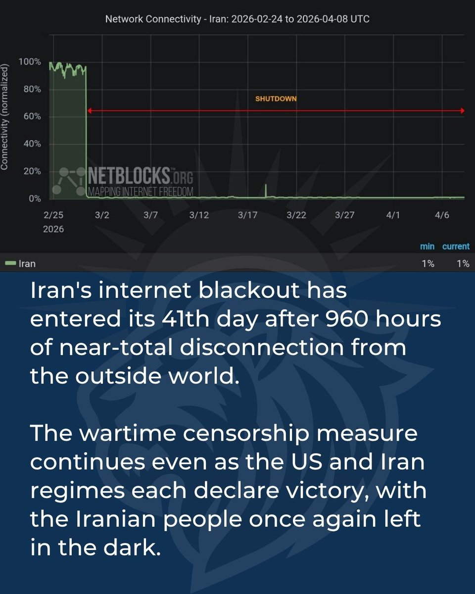 lionsunfront's tweet photo. Iran's internet blackout has entered its 41th day after 960 hours of near-total disconnection from the outside world.
The wartime censorship measure continues even as the US and Iran regimes each declare victory, with the Iranian people once again left in the dark. https://t.co/TzcGHmMtCc