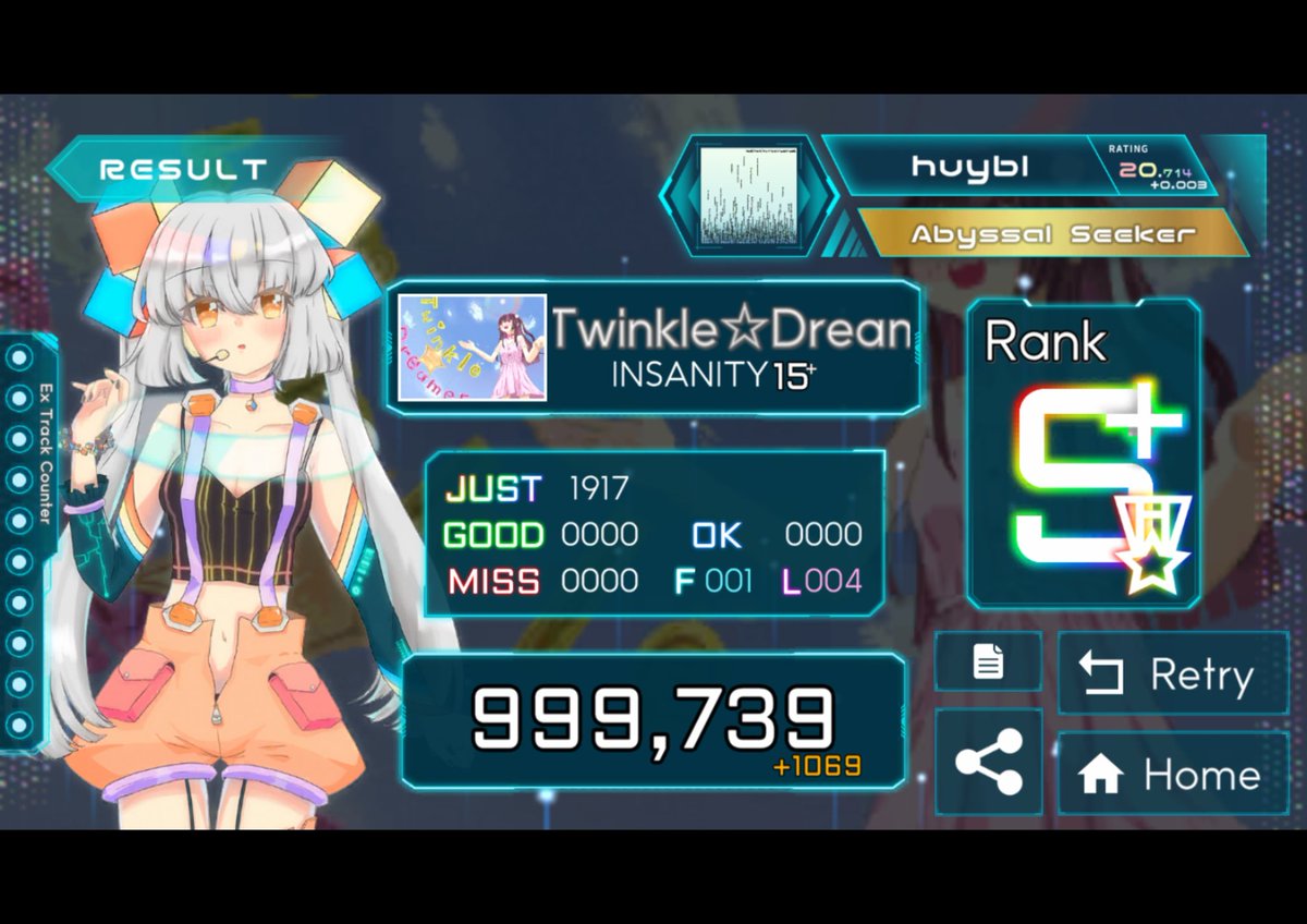 #TAKUMI_Cubic 
Twinkle☆Dreamer[Insanity]でスコア999739を達成！ 
 takumi3.thiqxis.com