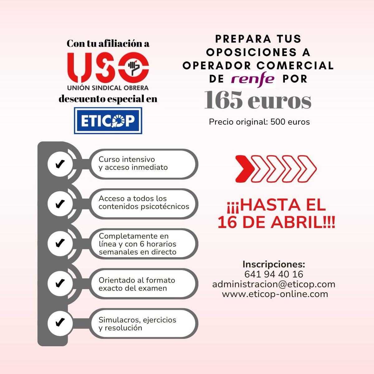 USO_CLM's tweet photo. 🔵 USO INFORMA | OPE RENFE 2026 – OPERADOR COMERCIAL N2

👉 600 PLAZAS en el Grupo Renfe (ámbito estatal)

📅 Inscripción abierta

🎓 Requisito mínimo
✔️ Bachillerato o equivalente

📍 La afiliación a hashtag#USO cuenta con una importante oferta para prepararse los psicotécnicos https://t.co/I7cF7TKJsz
