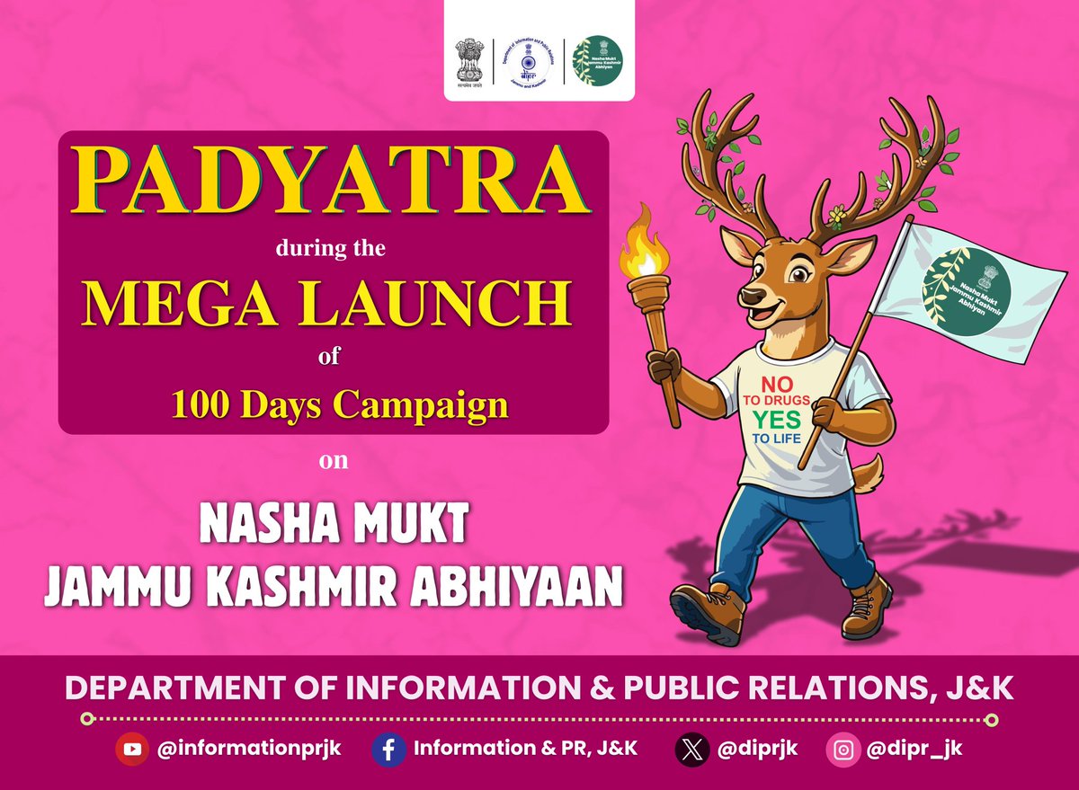 DIPRRambandic's tweet image. 🌿 PadYatra Marks Mega Launch of 100-Day Campaign 🌿

Be a part of the PadYatra—a powerful step towards awareness and action—during the launch of the 100-Day Campaign under the Nasha Mukt Jammu &amp;amp; Kashmir Abhiyan.
Maulana Azad Stadium
🗓️ 11th April 2026
⏰ 11:00 AM
#YouthForChange