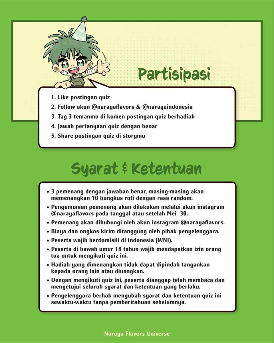 🎁 QUIZ BERHADIAH 🎁
Yeee Danang ulang tahun! 🥳
Dalam rangka ultah Danang, ada quiz susun huruf berhadiah nih. Ayo ikutan yaaa~😍

*Syarat dan ketentuan berlaku.

#NarayaFlavors #NAFU
