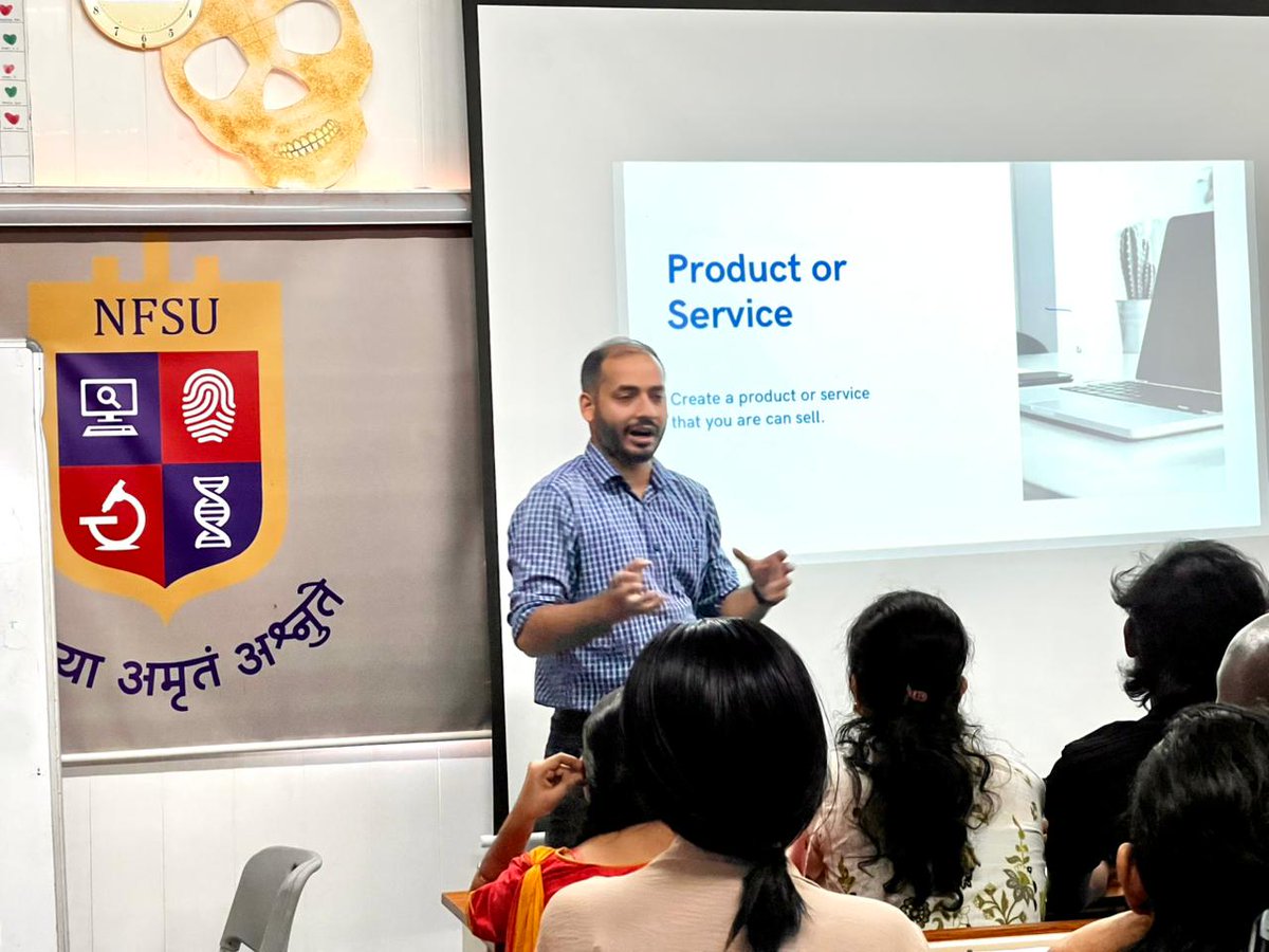 NFSU_Goa's tweet photo. National Forensic Sciences University (NFSU), Goa Campus successfully conducted a Business Plan Masterclass on 7th April 2026 to foster entrepreneurship and innovation among students. The session, led by Mr. Abhishek Singh, Incubation Manager at Atal Incubation Centre - Goa Institute of Management (AIC-GIM), the session provided students with technical insights into startup strategies and the essentials of business plan development. The event served as a platform for aspiring innovators to refine their ideas under professional industry guidance.