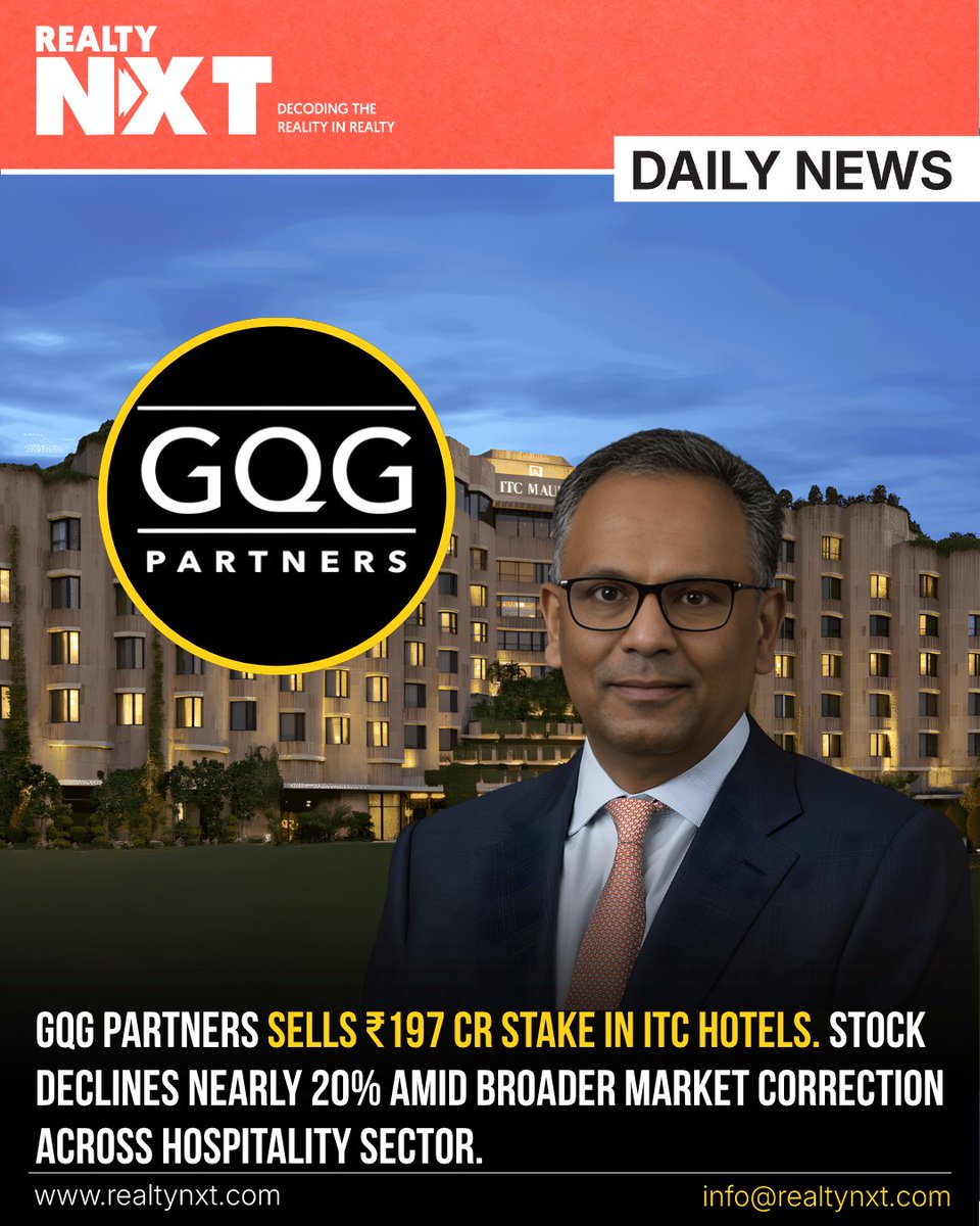 RealtyNXT's tweet image. #News | @GQGPartners Offloads ₹197 Crore Stake In ITC Hotels. Stock Corrects 20%. Long-Term Growth Outlook Stays Positive.  

#RealtyNXT #ITCHotels #GQGPartners #Hospitality #StockMarket #HotelIndustry #RealEstate #BulkDeal #BusinessNews #MarketUpdate