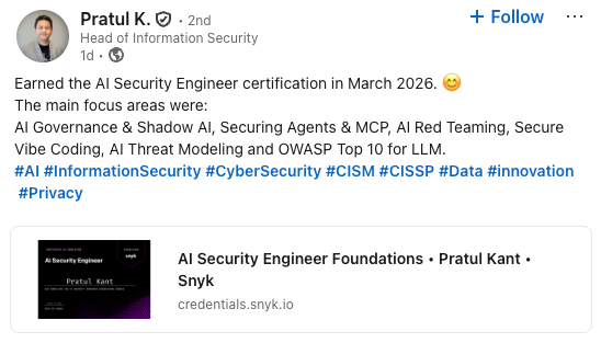 snyksec's tweet photo. Congratulations on being one of the first people in the world to gain this credential for AI Security Engineer Pratul K.

Keep learning about AI on Snyk Learn https://t.co/T34rqBGTtY ✨ https://t.co/TJEmXMxIvL