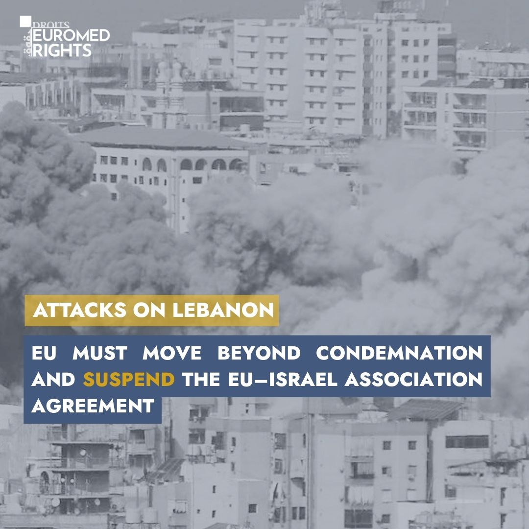 EuroMedRights's tweet photo. We strongly condemn Israel's deadly attacks on #Lebanon. Yesterday's massive wave of strikes killed and wounded hundreds in hours, overwhelming hospitals across the country. Since March 2, over 1,500 have been killed, including 200+ women and children, and more than one million displaced. 

Lebanon should be included in any ceasefire. We call on the EU to move beyond condemnation & suspend the EU-Israel Association Agreement.