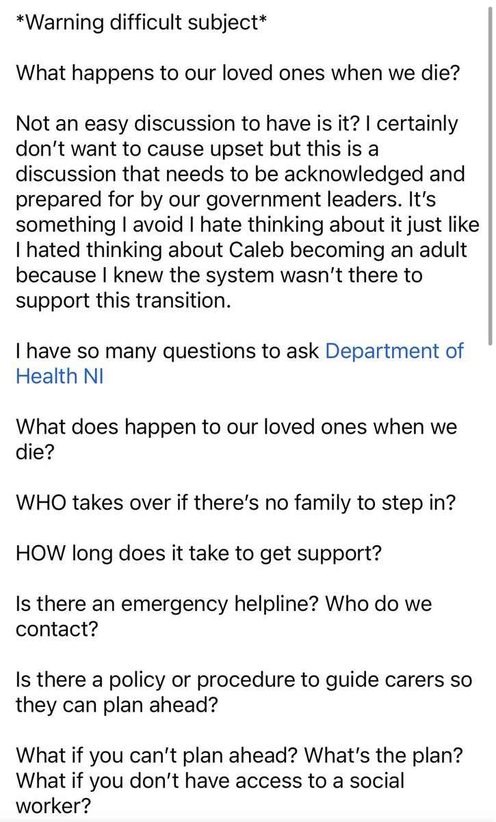 CalebsCauseNI's tweet photo. A subject we all avoid. Caleb will grow old someday. What then? Take a moment to read the fears we as parents/carers carry every day ⬇️ #CalebsCauseNI #LifelongCare #Disability @mlchealth https://t.co/kkP5bOjff7