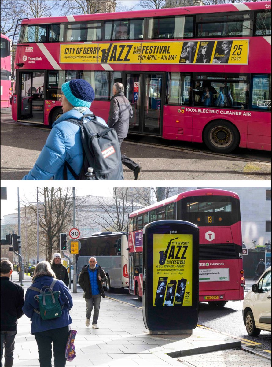 GlobalNIreland's tweet image. Jazzing up your journey! 🎷🎵🎷🎵
 
The Derry Jazz Festival is fast approaching and this vibrant, and unmissable, Bus Superside and Pulsehub D6 campaign is getting audiences into the rhythm across #Belfast!  
 
🏷️ @dcsdcouncil
 
#OOH #outdooradvertising #busadvertising