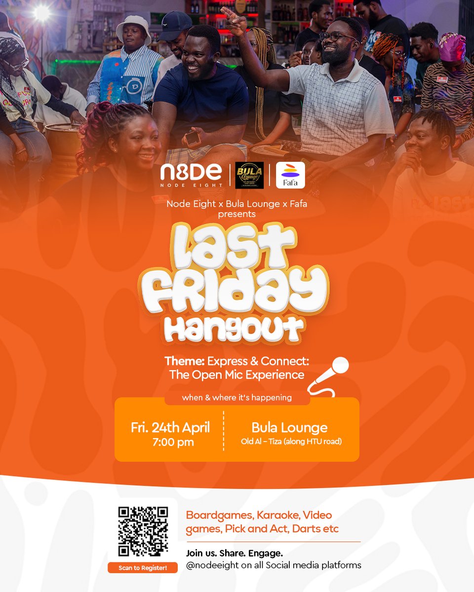 NodeEight's tweet photo. Missed the vibes? We did too!

#LastFridayHangout returns on April 24th, and we aren’t coming back quiet. 

We’re turning the volume all the way up with a bold Open Mic Edition! 🔥

Come through for games, music, and networking, featuring spoken word and karaoke.

1/2 https://t.co/b1I3wHz4uw