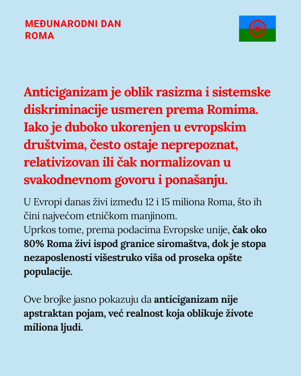 GradjanskiCenSr's tweet photo. #AntiGypsyism is a deeply rooted form of systemic racism against #Roma people across Europe.
80% live below the poverty line.
68% of children leave school early.
Life expectancy can be 10 years shorter.
This is not coincidence, it’s systemic exclusion.
Recognize it. Name it. Act. https://t.co/SDj6UNgbfr