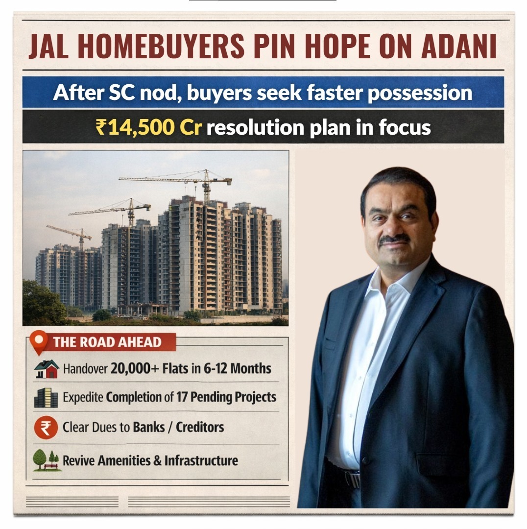 Nitishvkma's tweet image. Adani’s Jaypee Plan Could Finally Bring Closure For Stuck Homebuyers

For years, thousands of buyers were left with delays, uncertainty, and unfinished towers.

Now, with #Adani’s ₹14,500+ crore resolution plan moving ahead, there is finally a real possibility of possession,