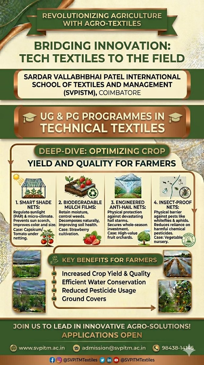SVPITM's tweet image. 🌱 Admissions Open @ SVPISTM!

Bridge innovation from Tech Textiles to Agriculture with UG &amp;amp; PG programmes in Technical Textiles.

🚜 Smart farming solutions
🌿 Sustainable innovation
📈 Better crop yield &amp;amp; quality
Apply now 👉 svpistm.ac.in
#AdmissionsOpen #SVPISTM